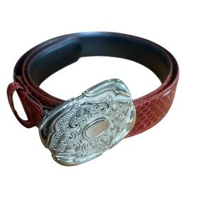 Sax Fifth Avenue belt shop Elegant Red snake skin Leather Belt w/ Silver Buckle